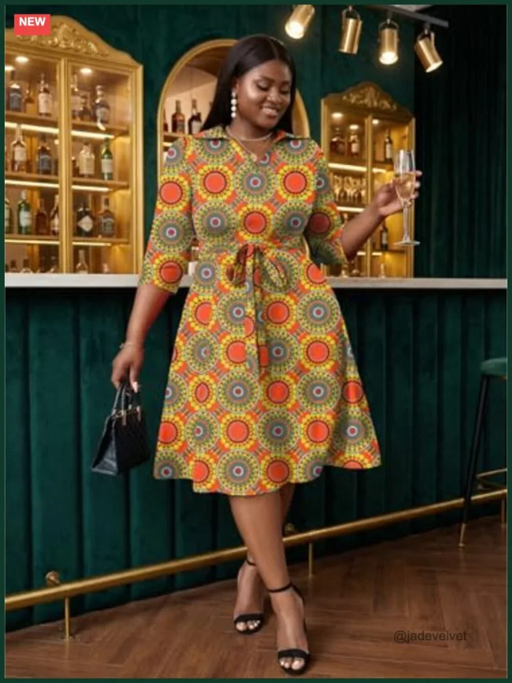 Plus Size Midi Dress with Pockets and Belt - 3/4 Sleeve Wrap V-Neck A-Line